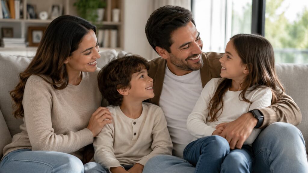 Familia feliz, consciente y protegida por un seguro de vida en Granada